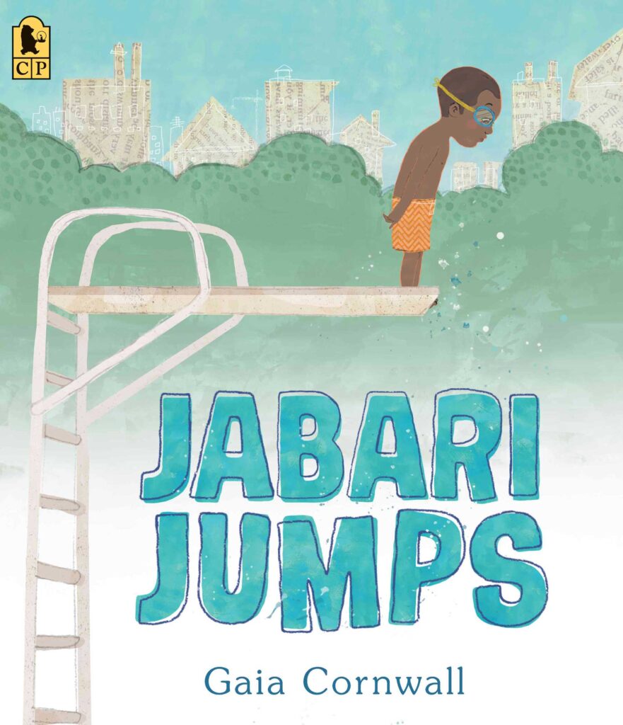 book cover illustration of young black boy on a diving board
