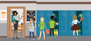 cartoon illustration of students in school hallway with lockers