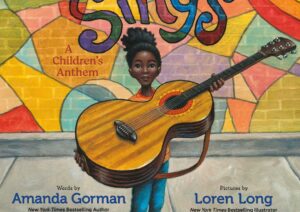 illustrated children's book cover with a young black girl holding a guitar