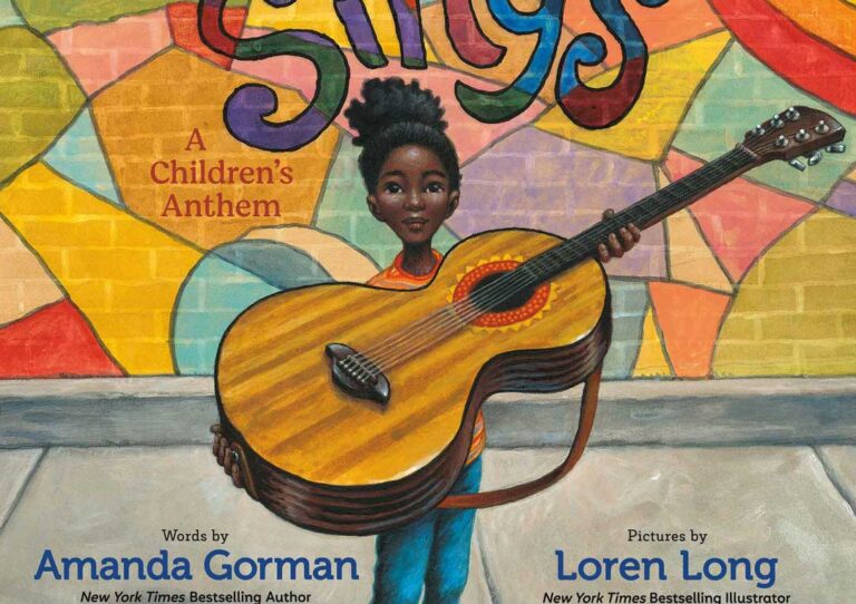 illustrated children's book cover with a young black girl holding a guitar