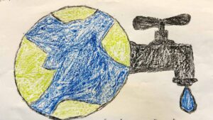 child's drawing of earth with a water faucet attached to it